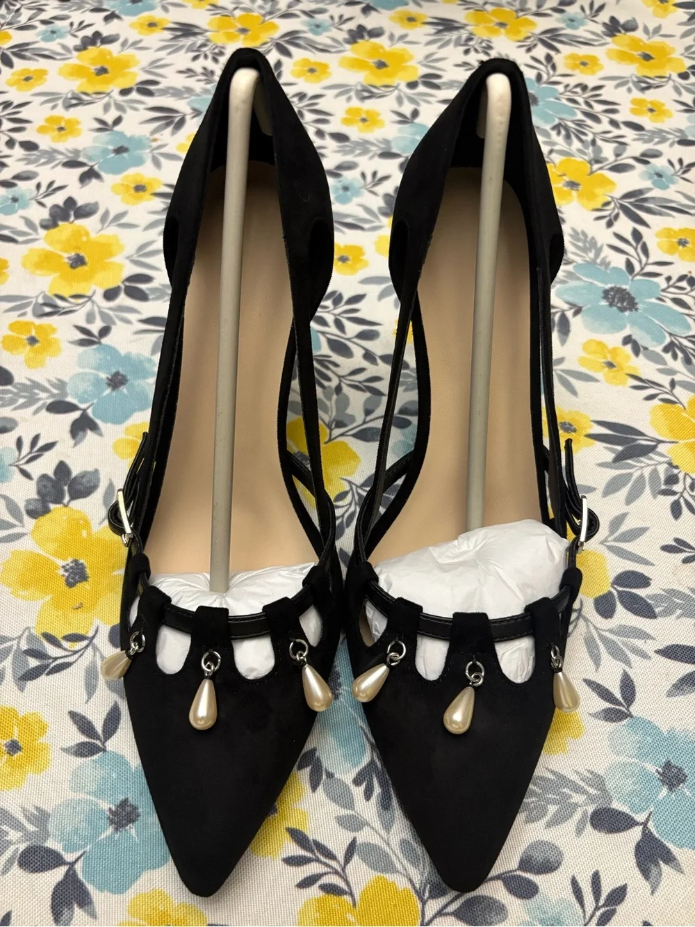 Black Pearl-Embellished Pointed Toe Stiletto Pumps